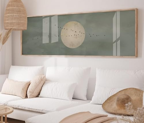 YUSUZHU Quadro su tela Japandi con luna verde salvia - Grande decorazione panoramica per la decorazione del letto. Immagini, dipinti, poster, stampe murali (35x105 cm/cornice interna)