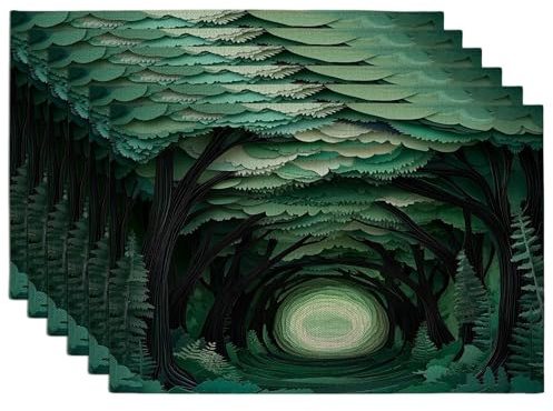 Paper Quilling Forest Tree Placemats Set of 6, 12x18 Inch, Cool Nature Scenic 6Pcs Table Mats for Home Dinning, Scenery Holiday Party Kitchen Print Pattern Decor