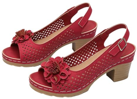 Dam Blockklack Sandaletter Öppen Tå Blommönster Slingback | Äkta läder, memory foam, fotvalvsstöd, breda, blommönster