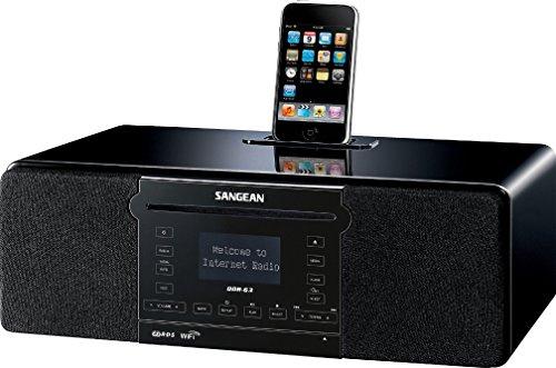 Sangean DDR-63 WiFi Internet Radio/FM-RBDS/Aux-in/CD/USB/SD All-in-One Tabletop Wooden Cabinet Musical System Compatible with iPod, Black, WiFi Internet Radio (over 15,000 Stations worldwide)/FM-RBDS