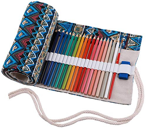 Amoyie Colouring Pencil Case 36 Slots, Roll Up Pen Holder, Pencil Wrap | Canvas Organiser Bag for Coloured Pen, Foldable Carrier for School, Outdoor, Artist Storage Bag, Large Capacity, Green Stripe