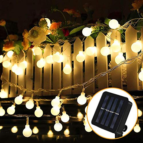 Molbory - Cadena de luces LED para exteriores (8 m, 60 luces solares, 8 modos, IP65, resistente al agua, luz blanca cálida, con sensor de luz, iluminación para jardín, fiestas, balcón, boda)