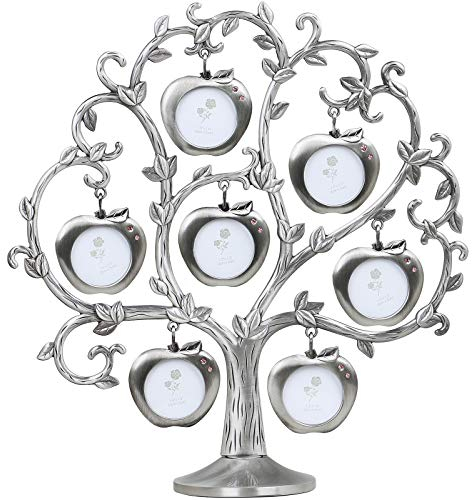 TRIXES Family Tree Photo Frame - Multi Picture Frame - Apple Tree with 7 Detachable Hanging Frames - Silver - Metal - Free Standing Home Decoration - Gifts for Her