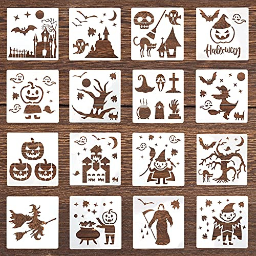 KINBOM 16st 15x15cm Halloween Måla Stencil, Återanvändbara Plast Pumpa Stensil Mall Ghost Witch Bat Skelett Mönster för DIY Trä Vägg Fönster Tygmålnings Hantverk