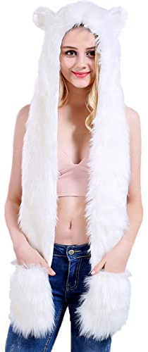 Malaxlx Juego de gorro de invierno de piel sintética con capucha, bufanda, guantes 3 en 1, gorro con orejas y patas y bolsillo, Blanco, talla única