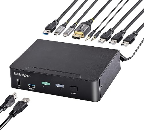 StarTech.com 2-portars USB C KVM-switch, KVM-omkopplare med 4K 60Hz DisplayPort UHD HDR-video, Thunderbolt 3/4 och USB C DP gammalt läge, ljud, 4 x USB, 2 x USB-A 5 Gbit/s hub, hot key switching