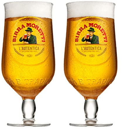 GarageBar | Birra Moretti Glass | Stemmed Chalice Beer Glass | Official Merchandise | Comes with 2X Beer Drip Mats (2, Pint/20oz)