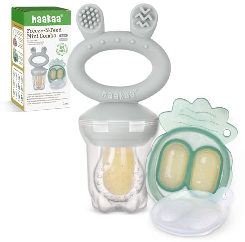 Haakaa Bébé Fruits Nourriture Mangeoire & Mini plateau à grignoter pour congélateur,Mangeoire en silicone sans BPA pour une auto,4 mois plus-Gris