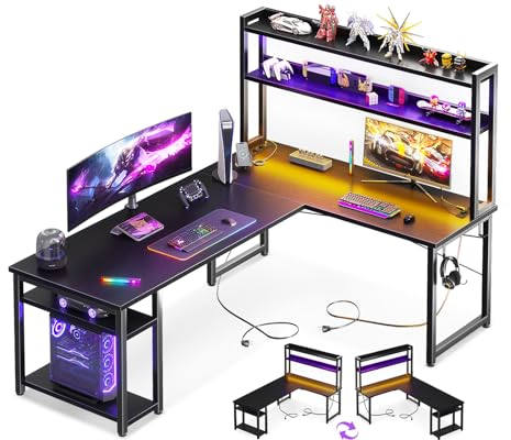 ODK Bureau Gaming avec LED, Bureau en L avec Étagère Réversible, Prises et Ports USB, Compartiments et Rangement, 150×120 cm, Noir