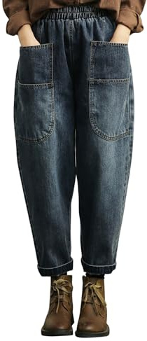 semen Womens Drawstring Elastic Waist Oversized Harem Denim Pants Wide Leg Baggy Jeans with Pockets(Blue 1, UK 12/Tag L)
