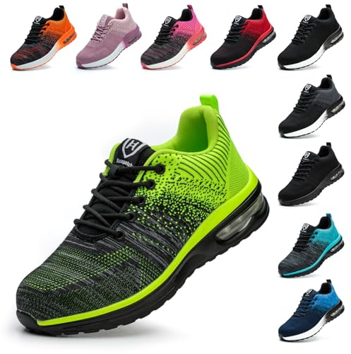 Baofular Safety Trainers Men Womens Steel Toe Trainers Lightweight Comfortable Safety Shoes Work Trainers Non Slip & Breathable Fluorescent Green 6 UK 40 EU 250