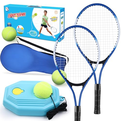 Kids Tennis Rackets Training Set - 7-in-1 Youth Tennis Racket Set, 2 pcs 19″ Rackets,1Tennis Trainer & 2Rebound Balls&1tennis Ball,Tennis Racquet Set for Beginners & Family Activities (Blue)