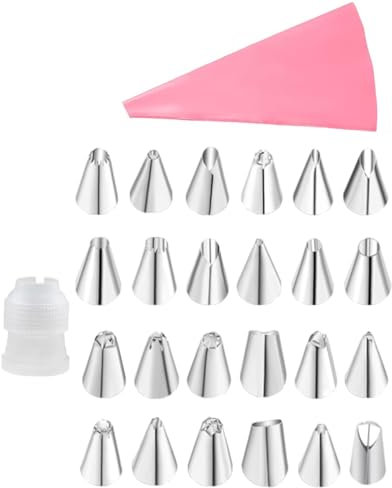 JEXOWIQ Douilles à pâtisserie,26pc Kit de Poche à Douille Professionnelle, Réutilisable,24 Douilles Patisserie,Avec 1 connecteur,et 1 Coton Poches à Douille en Silicone, DIY Cupcake et Muffins Gâteaux