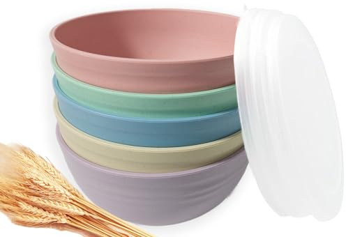 falichchch 5 Pack Unbreakable Wheat Straw Bowls with Lid, 26 OZ Cereal Bowls for Kitchen, Dishwasher Safe Soup and Salad Bowls, Reusable microwave bowl for Ice Cream,Snack and Fruits
