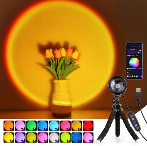 Kimimara Sunset Lamp de Rotación de 360°, Lampara de sol de Inteligente del Atardecer, Control de APP, Sunset Lampara Proyector RGB Romántica para Fotografía, Fiesta, Tiktok, Decoración de Dormitorio