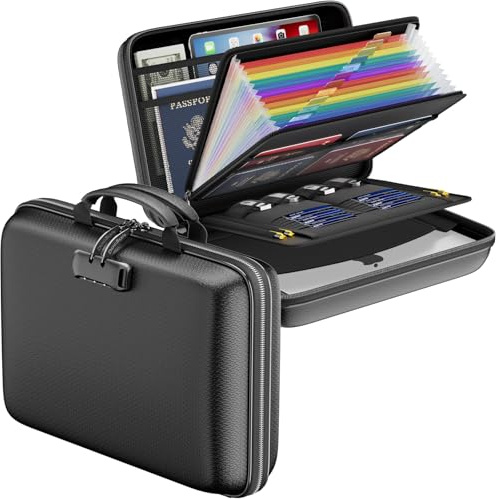 DocSafe Organizzatore per File Resistente al Fuoco con Serratura, Scatola per Documenti in Valigetta, Cartella Espandibile con 13 Tasche, Organizzatore per Documenti Portatile Impermeabile, Cartella