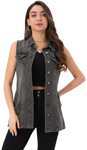 Allegra K Chaleco de mezclilla para mujer, sin mangas, con botones, casual, largo, Gris, S