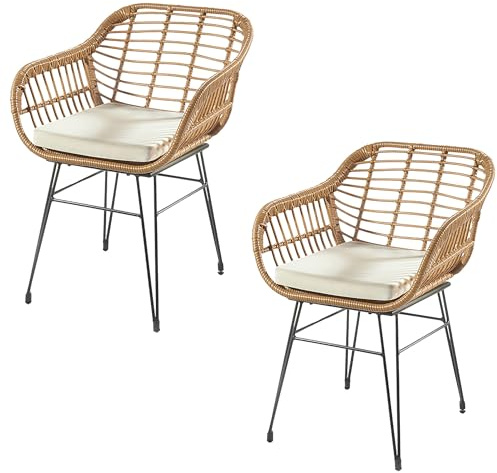 Kobolo Esszimmerstuhl Retro, 2er Set, 59x62x82 cm, braun, Gartenstuhl, Metallstuhl im Retro-Look mit Kissen, stilvoll & bequem für den In- & Outdoorbereich