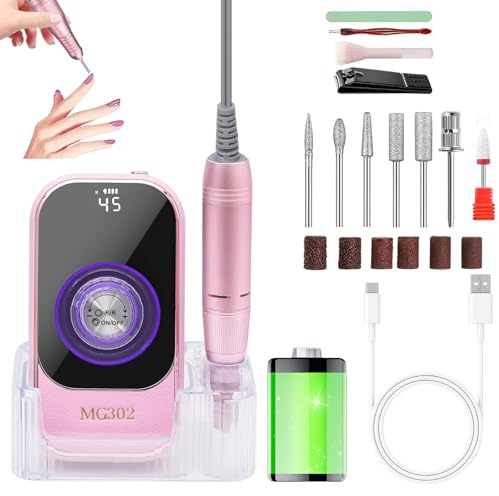 Fresadora Eléctrica para Uñas, 45 000 rpm, Fresadora Portátil Profesional para Uñas de gel y Acrílicas con Pantalla LED, Sentido de Giro Ajustable para Uso en Salones y en Casa