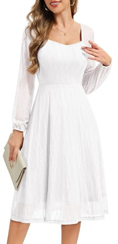 Bbonlinedress - Vestido de noche para mujer, estilo de invierno, mediados largos, para cócteles, bodas, invitados, bautizos, graduaciones, cuello cuadrado, manga larga, blanco, M