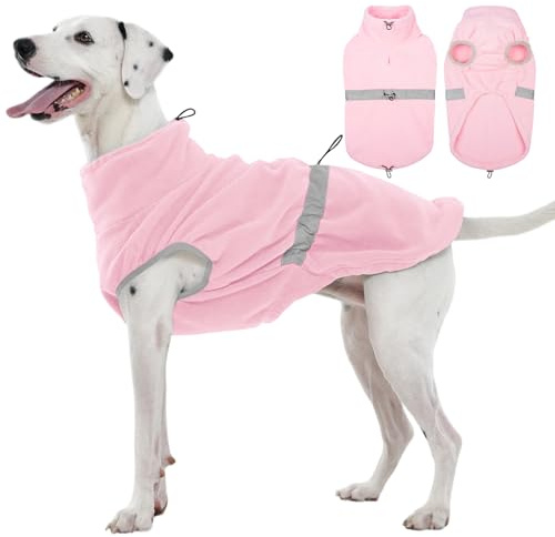 Kuoser Fleece Hundepullover, Verstellbarer Warmer Hundemantel mit Kordelzug, Weiche Hundeweste mit Geschirröffnung für Mittelgroße Hunde Winterjacke, Rosa L