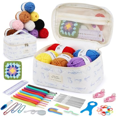 Coopay Crochet Kits for Beginners Adults, Complete Crochet Kits Include 10pcs Yarn, Ergonomic Metal Crochet Hooks 2.0-6.0 mm, Lace Steel Needles, Knitting Accessories, Crochet Starter Kit- Blue Cat