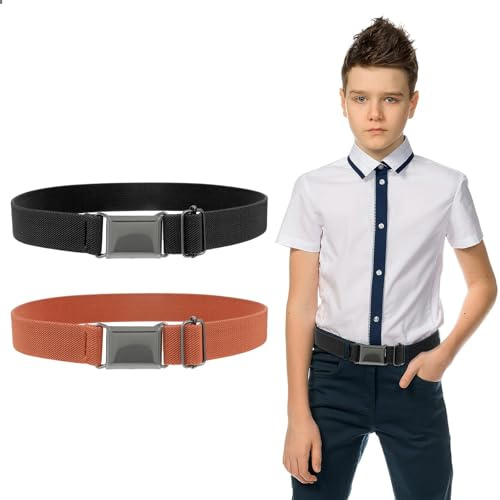 Sorcristy Kids Belts 2 Pack for Boys Girls, Youth Belts with Elastic Adjustable Silver Square Buckle, Kids 1 1/4 Dress Belt for Youth(Black/Brown)