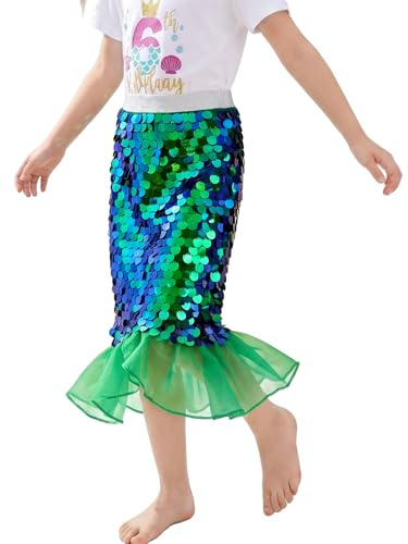 Miipat Flickkjol, paljetter, barn, sjöjungfrukjolar med foder med elastisk midja, glitter, sjöjungfrustjärtkjol, för liten flicka, födelsedag, strandfest, Färg: grön, 7-8 �r