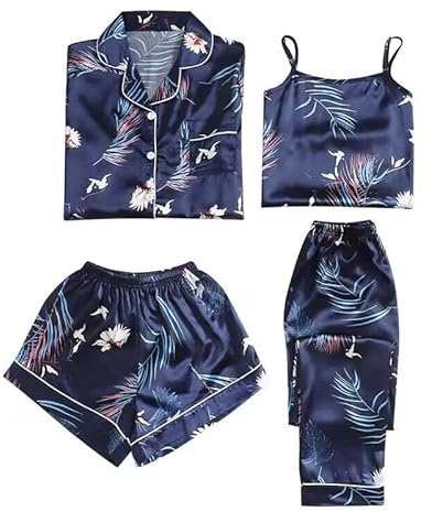 Générique Pyjama Femme Satin de Soie Unisexe Grande Taille 4 Pièces Ensembles de Pyjama Short et Caraco Lingerie Sexy Aautomne Hiver Manche Longue Vêtements de Nuit Classique Sleepwear