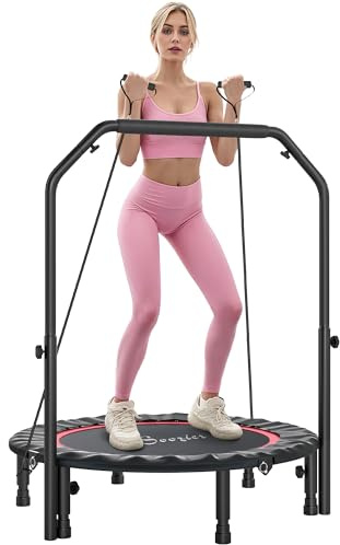 Soozier 40 Foldable Mini Trampoline, Rebounder Trampoline for Adults with Adjustable Foam Handle and Resistance Bands, Fitness Rebounder for Indoor Outdoor Workout, Max Load 330 lbs, Red