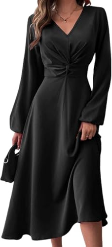 Bcenoilua Robe de Soirée Femme Chic et Elegant Midi Robe de Cocktail à Manches Longues Moulante Col en V Robes Vintage Unie A-Line Plissée Robes pour Party Formelle Travail Automne Hiver