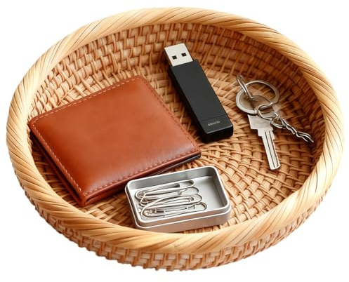 Ceriselle Bandeja para Llaves Trenzada, Bandeja de Almacenamiento de 19 cm con Aspecto de ratán y Cesta de Pan, Bandeja Redonda Decorativa para Llaves, Monedas y Carteras, para Pasillo y mesita de