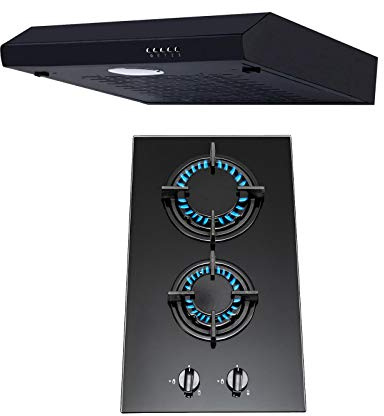 SIA 30cm Black 2 Burner Gas On Glass Hob & 60cm Visor Cooker Hood Extractor Fan