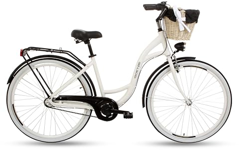 Goetze Style 28 Zoll Damen Citybike, 18 Zoll Tiefeinsteiger Aluminiumrahmen, 3-Gang Nabenschaltung, Rücktrittbremse, V-Bremse, LED-Beleuchtung, Rattankorb, Komfortsattel, mit Ständer & Klingel
