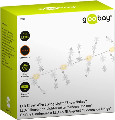 goobay 57948 LED Lichterkette mit Timerfunktion Batteriefunktion Schneeflocken LED zum Aufhängen - Lichterkette für Innenbereich mit 10 LEDs 3000k) IP20 Silber, Transparent