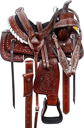 SHOWMEN CRAFT Barrel Racer Show Trail Riding Tooled Leather Western Saddle Tack Horse and Pony Size 18 Inches Seat