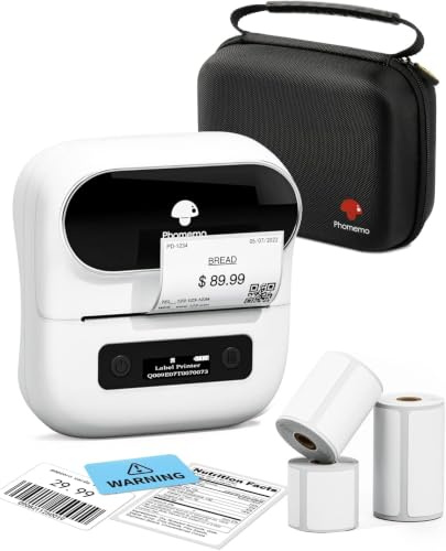 Phomemo M220 Impresora de Etiquetas Bluetooth, Dispositivo de etiquetado Autoadhesivo para códigos de Barras, hogar, Compatible con Phones and PC, Color Blanco con Bolsa de 3 Rollos, 1 Storage Box