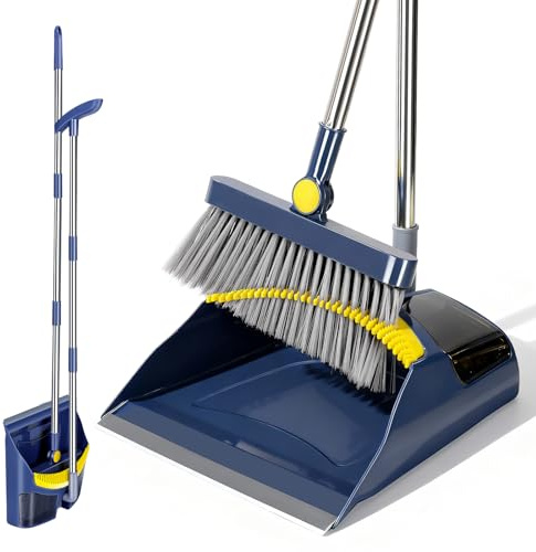 Set Scopa e Paletta, Masthome Verticale Scopa e Paletta Salvaspazio per Esterni,Manico Lungo,Con Denti a Pettine,Per La Pulizia Dei Casa,Cucina,Interni, Giardino,Blu Scuro