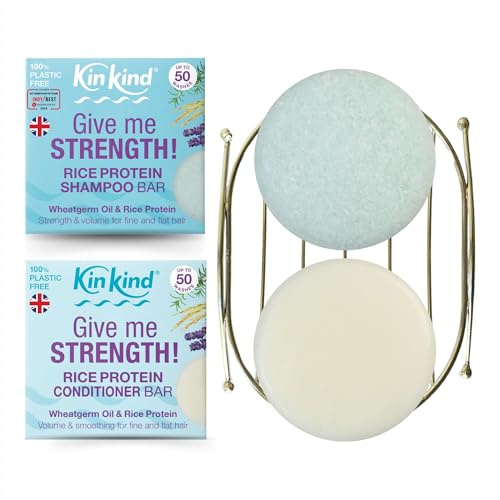 KinKind Give me STRENGTH! Shampoo Bar and Conditioner Bar Starter gift set with Soap Dish storage rack. Volume for fine & flat hair. Rosemary Oil & Wheatgerm Oil. Up to 50 washes. Vegan. UK made.