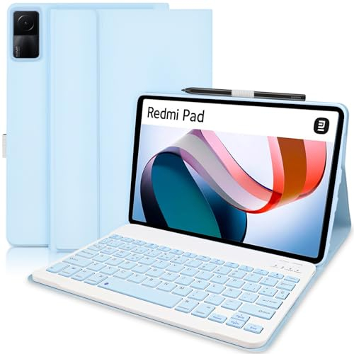 YUEJIDZ Spanische Tastaturhülle Ñ für Xiaomi Redmi Pad, PU Premium Smart Ledertasche mit QWERTZ-Design Abnehmbare Bluetooth-Tastatur Kompatibel mit L83 Redmi Pad 10,61 Zoll 2022, Blau