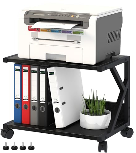2-Ebene Druckerständer, Druckertisch mit arretierbaren Rädern, mobiler Druckerwagen, Druckerhalter Industrie-Design, Drucker Stand für Büro, Zuhause, Schule, Fax, Kopierer, Scanner (Schwarz)