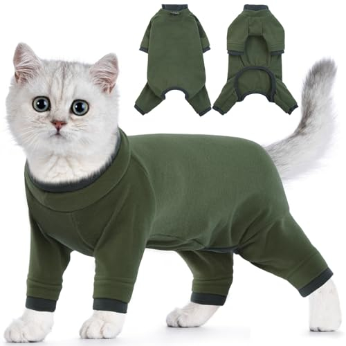 Katze Kleidung, Katzenbody Nach Op Postoperative Kleidung für Katzen Body Operation Recovery Anti-leckende Langarm 4 Beine Einteiler Katzenbekleidung Shirts 4-beinige(ArmeeGrün, XL)
