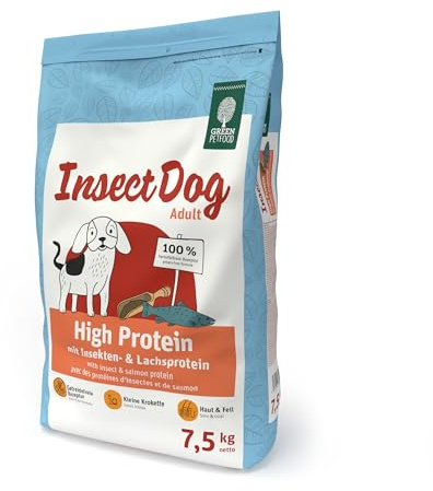 GREEN PETFOOD InsectDog High Protein (1 x 7,5 kg) | avec protéines de Saumon et d'insectes et lentilles Rouges | Haute protéines pour Chiens Actifs | Petites croquettes | Formule sans céréales |