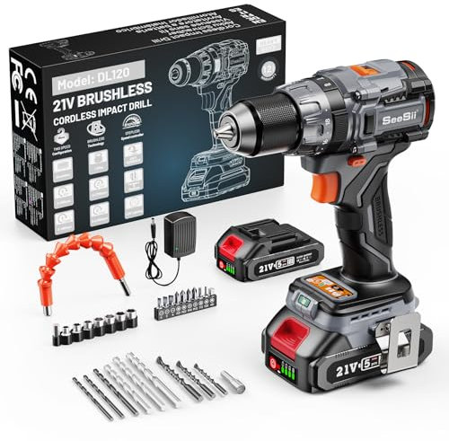 Seesii 120N.m Akkuschrauber, 21V Akku Bohrschrauber Set mit 2 Akkus 2.0Ah, 20+3 Drehmomentstufen Akkubohrer, Bürstenloser Motor, 3 Modus, 2 Gang, LED Licht, 32tlg Zubehör