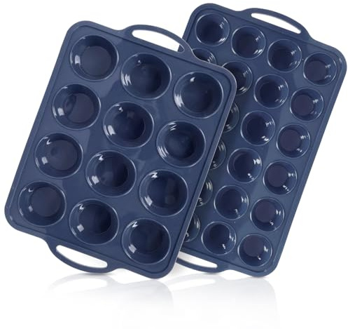 Vnray 2 Pack Silicone Muffin Pan 12 and 24 Cup with Metal Frame,Non Stick Silicone Mini Cupcake Pan with Handles, BPA Free Silicon Regular Muffin Tin Tray Small for baking, egg bites, Mold Grey