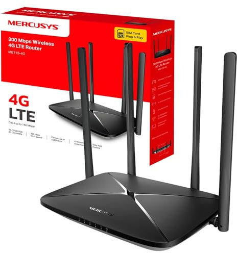 MERCUSYS MB115-4G 300 Mbps 4G Router With Sim Slot, 4G/3G Compatible, Wireless LTE Cat 4 With WiFi Router Mode, 4 External Antennas, Plug and Play, Connect up to 32 Devices, TP-Link Always-On Network