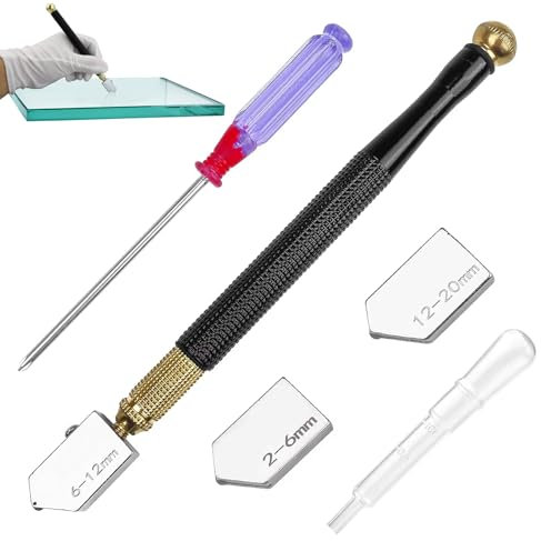 Cortador de cristal, cortador de cristal, cortador de cristal para vidrio grueso, cortador de vidrio, con 3 cabezales de corte de metal duro, adecuado para cortar vidrio grueso (2 mm - 20 mm)