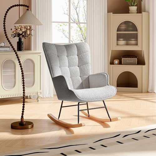 DAHUEN Chaise à bascule, fauteuil à bascule, fauteuil rembourré, fauteuil rembourré avec accoudoirs, dossier haut pour salon chambre en tissu avec pieds en bois, teddy velours (gris, 92 × 69 × 75 cm)