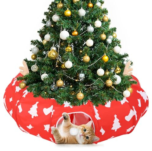 Tivray Tana-Tunnel per Gatti da Mettere sotto l’Albero di Natale, 90×90×25 cm Tunnel Circolare Natalizio con Pallina Giocattolo, Decorazione di Natale per Gatti e Piccoli Animali, Rosso + Bianco