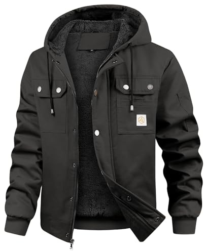 CARWORNIC Chaqueta de invierno para hombre con forro polar cálido con capucha, abrigo de trabajo de algodón, parka cargo, abrigo de senderismo al aire libre, chaqueta utilitaria, Negro, XXL